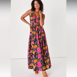 NWT Lulus Vivacious Love Navy Floral Print Sleeveless Strappy Maxi Dress S